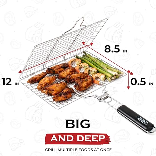 SHIZZO Shallow Grill Basket Set, Grilling Accessories Barbecue BBQ, Stainless Steel Folding Portable Outdoor Camping Rack for Fish, Shrimp, Vegetables, Cooking Accessories, Gift for Family, Freinds