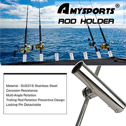 AMYSPORTS Stainless Steel Trolling Rod Holder Clamp Side Mount Fishing Pole Holders Adjustable Kayak Rail Rods Supporters Boat Sailboat for Boating