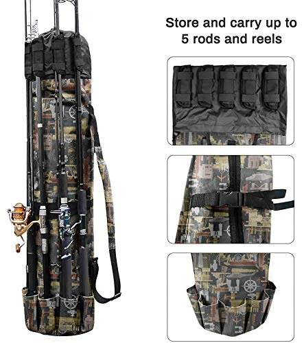 Allnice Durable Canvas Fishing Rod & Reel Organizer Bag Travel Carry Case Bag- Holds 5 Poles & Tackle - color: Multiolor