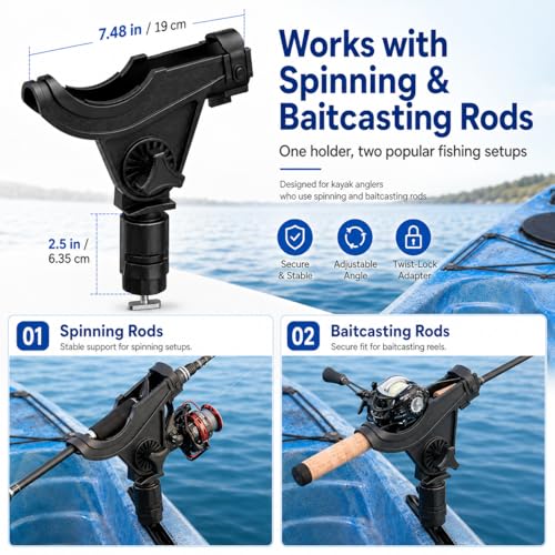 Huntury Kayak Track Fishing Rod Holder with Twist-to-Lock Adapter, 360 Degree Adjustable Track Adapter, Compatible with Spinning, Baitcasting, Kayak Fishing Accessories(Pack of 1) - color: Rod Holder - 2 Pack