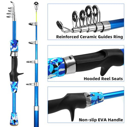 Kilitn Kids Fishing Pole Kit, Easy Fishing Telescopic Casting Rod and Spincast Reel Combos Full Set with Tackle and Travel Bag, for Boys, Girls, Youth, Starter - color: Blue Camouflage