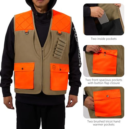 BASSDASH Upland Game Field Water-Resistant Bird Hunting Vest with Multi Pockets Men Women FV11 - color: Dark Khaki/Blaze Orange, size: Large