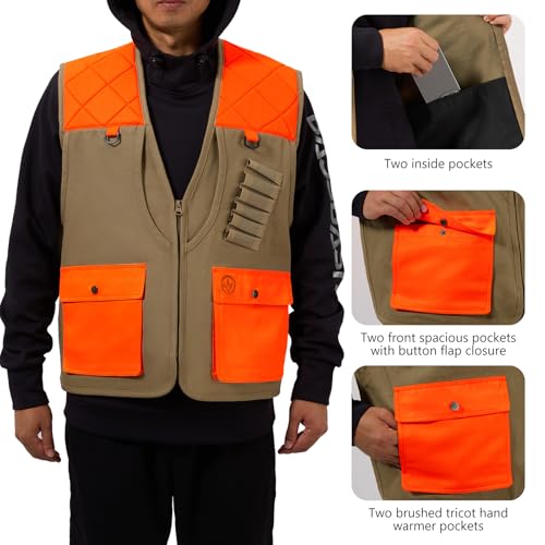 BASSDASH Upland Game Field Water-Resistant Bird Hunting Vest with Multi Pockets Men Women FV11 - color: Dark Khaki/Blaze Orange, size: X-Large