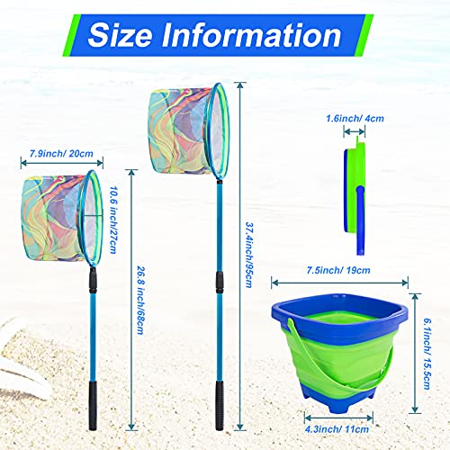 Kids Fishing Net, 2 Pack Telescopic Landing Nets with Aluminum Pole Handle, Collapsible Bucket Sand Pail, Butterfly Net, Fishing Net for Youth, Outdoor Playing - color: Blue and Orange