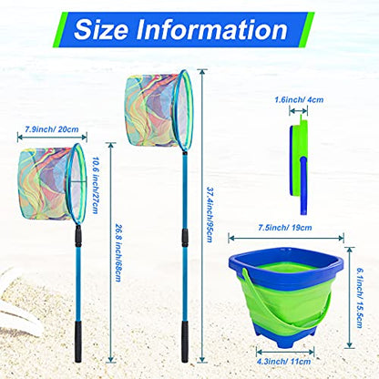 Kids Fishing Net, 2 Pack Telescopic Landing Nets with Aluminum Pole Handle, Collapsible Bucket Sand Pail, Butterfly Net, Fishing Net for Youth, Outdoor Playing - color: Blue and Orange