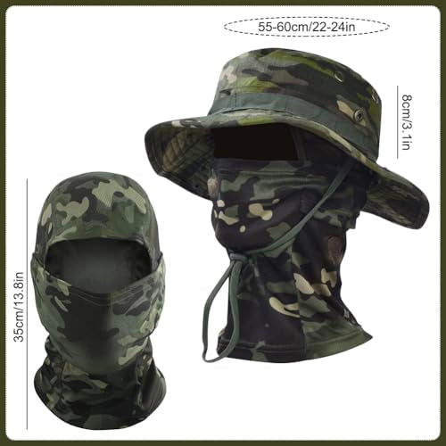 Camo Boonie Sun Hat with Balaclava Face Mask UV Protection Fishing Hat Bucket Hat for Hunting Hiking Military Tactical Safari - color: Camo Green