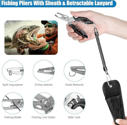Layers Fishing Tackle Box, 213Pcs Fishing Lures Kit with Small Fishing Tool Kit Containing Weights Scale, Lip Clip, Hook Remover, Fishing Accessories, Fishing Gear for Beginners, Kids, Men, Adults - color: khaki&white