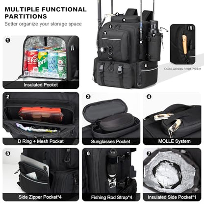 WANOON Fishing Backpack 45L with 4 Tackle Boxes | Durable & Comfortable, Waterproof Insulated Bait Pocket, 4 Rod Holders - color: Black, size: 45L-With Tackle Boxes