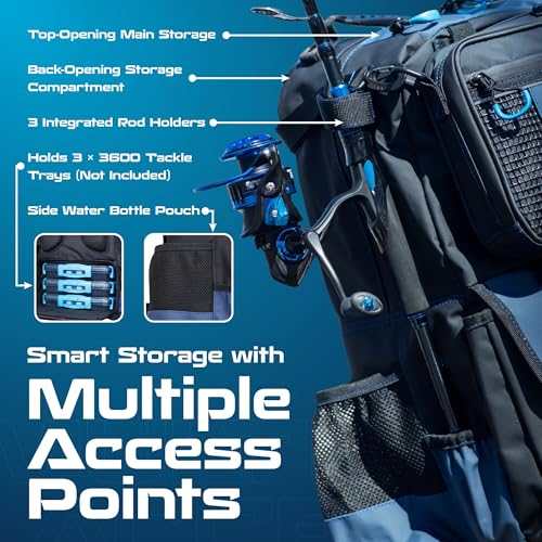 Reaction Tackle Fishing Tackle Backpack with Detachable Bait Binder and Rod Holders, Water Resistant Soft Plastic Storage with Padded Straps for Freshwater and Saltwater