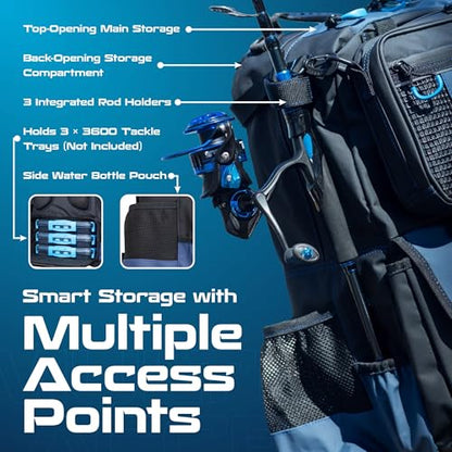 Reaction Tackle Fishing Tackle Backpack with Detachable Bait Binder and Rod Holders, Water Resistant Soft Plastic Storage with Padded Straps for Freshwater and Saltwater
