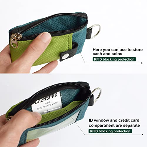 CHENSPRX Minimalist RFID Blocking Small Wallet with ID Window,WaterResistant Zip Id Case Wallet with Lanyard Keychain for Cards,Cash,Travel,Women,Men - color: GreenOnion+DarkGreen