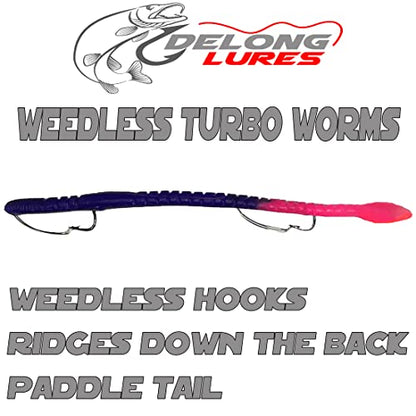 Delong Lures Fishing Lures Bass Set, 10" Pre-Rigged Weedless Swim Bait, Twister Tail Bass Fishing Lures, Extra Durable Soft Plastic Baits for Freshwater - 5 pcs Bass Baits and Lures Pack, Made in USA - color: Turbo Worm Variety