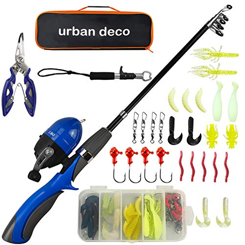 Urban Deco Kids Fishing Pole Set Portable Telescopic Kids Fishing Rod and Reel Combo Kit with Tackle Box for Beginners, Boys,Girls,Youth,Children - color: blue