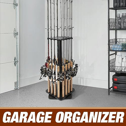 Ghosthorn Fishing Rod Holders for Garage 360 Degree Rotating Fishing Pole Rack, Floor Stand Holds up to 16 Rods Wood Fishing Gear Equipment Storage Organizer, Fishing Gifts for Men Women - style: black