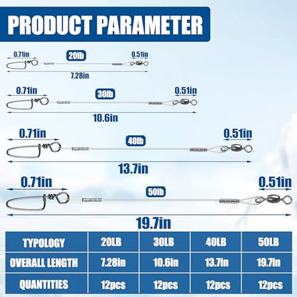 Fishing Leaders, 12/24pcs Nylon Mono Fishing Wire Leader Line with Swivels Snap Kits Connect Tackle Lures Rig or Hooks, High Strength Fishing Leader Line for Saltwater Freshwater 20/30/40/50lb - size: 24pcs, style: 12''-40lb