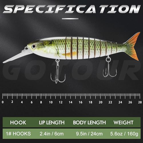 GOTOUR Jointed Swimbaits, Easy Catch Fishing Lures for Bass Trout Crappie | Wiggling Vibrating Rattling Gurgling for More Bites, Heavy-Duty Dyneema Fiber, Slow Sinking, Fresh & Saltwater Fishing Baits - color: D1-9.5"-5.6oz