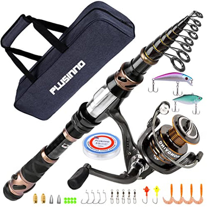 PLUSINNO Fishing Rod and Reel Combos - Carbon Fiber Telescopic Fishing Pole - Spinning Reel 12 +1 Shielded Bearings Stainless Steel BB - color: X-Full Kit With Carrier Bag, size: 2.4M 7.87FT