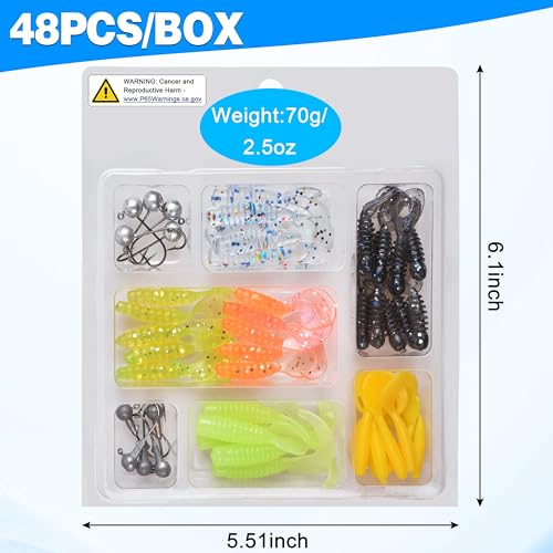 Grub Lures Fishing Jigs Head Hooks Kit- Crappie Jigs Soft Plastic Grub Tail Worm Lure Bait Buster Tubes Baits for Bass Trout Saltwater Freshwater Fishing - color: 48pcs kit