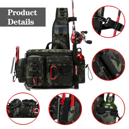 Fishing Tackle Backpack Fishing Fanny Pack Crossbody Bag Fishing Tackle Box Organizer with Rod & Gear Holder, Ideal for Fishing, Camping, Hiking and More!-YIANTU - color: Balck Colour