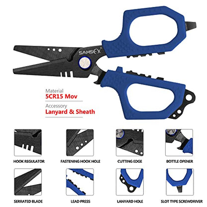 SAMSFX 6.5" Pro Fishing Shears Dual Serrated Blades, Fishing Braided Line Scissors with Titanium Coating, Non-Slip Grip & Multifunction Tool, Includes Hard Molded Locking Sheath & Coiled Lanyard - color: A: Blue Kraton Handle, Hard Sheath