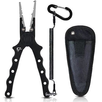 Piscifun Saltwater Fishing Pliers, Aluminum, Split Ring, Braid Cutter | Hook remover, tungsten carbide blade, spring-loaded jaws, ergonomic grip, sheath and lanyard - color: Black, style: Nylon Sheath