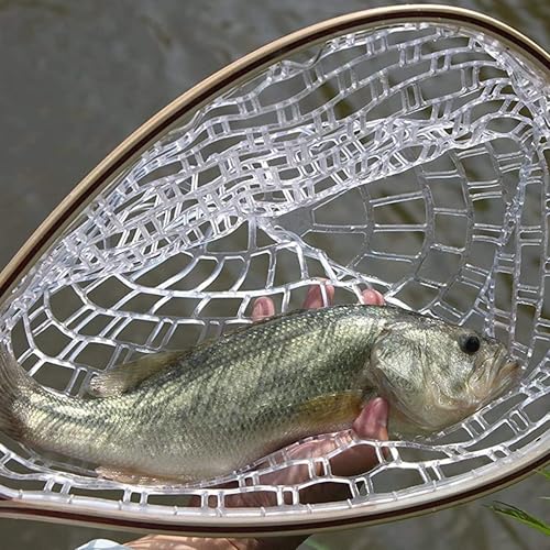 Fishing Landing Net Soft Rubber Mesh Trout Net Catch and Release Net with Wooden Handle Frame, Flying Fishing Hoop 42 x 24.8 x 25(cm)