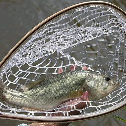 Fishing Landing Net Soft Rubber Mesh Trout Net Catch and Release Net with Wooden Handle Frame, Flying Fishing Hoop 42 x 24.8 x 25(cm)