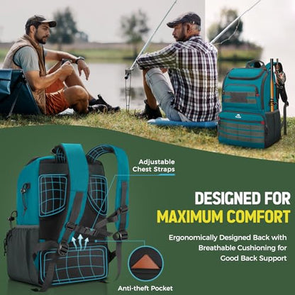 MATEIN Fishing Backpack Tackle Box, Tackle Backpack with Cooler for Men | Tackle Box Backpack, Fishing Bag with Rod Holders, Hold 4 3600 Tackle Boxes, Water Resistant, Gear Accessories, Fishing Gifts - color: Icy Blue & Grey