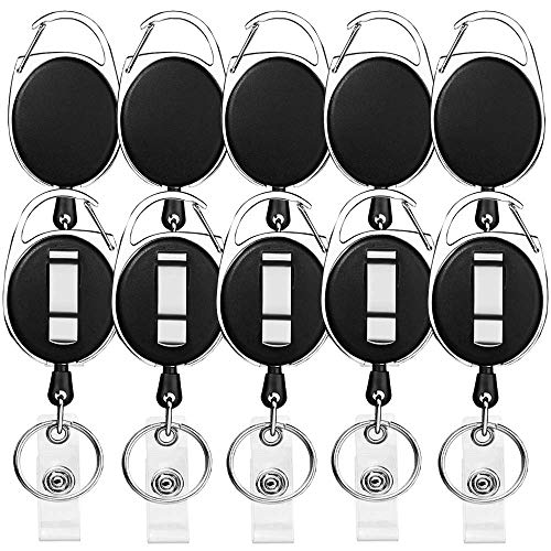 Retractable Badge Holder with Carabiner Reel Clip and Key Ring for ID Card Key Keychain Holders Black 10 Pieces by Moever - style: Black-10pcs