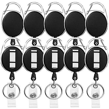 Retractable Badge Holder with Carabiner Reel Clip and Key Ring for ID Card Key Keychain Holders Black 10 Pieces by Moever - style: Black-10pcs