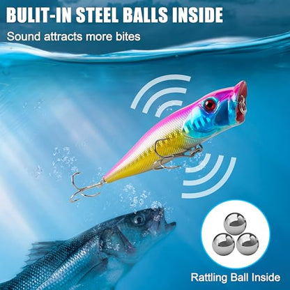 Fishing Lures Kit Crankbait Minnow Jerkbaits Popper Lures Shadllow Deep Diving Swimbaits Pencil Walleye Lures Artificial Hard Fishing Baits for Bass Trout Redfish Saltwater Freshwater - color: Popper Lures-8pcs