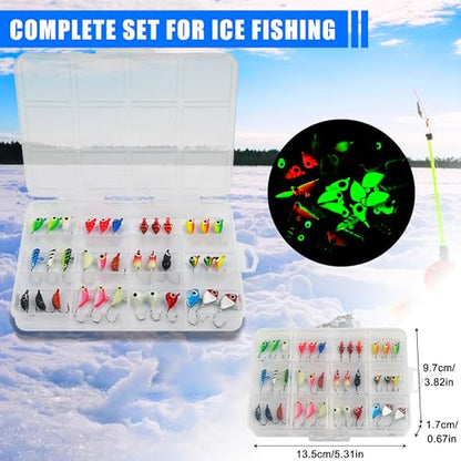 Ice Fishing Jig Kits,Luminous Ice Fishing Lures Micro Jig Head Hooks Fish Gear Tackle Accessories Winter Fishing Jigging for Crappie Pike Panfish Walleye Perch Bluegill - color: Colorful - 36pcs