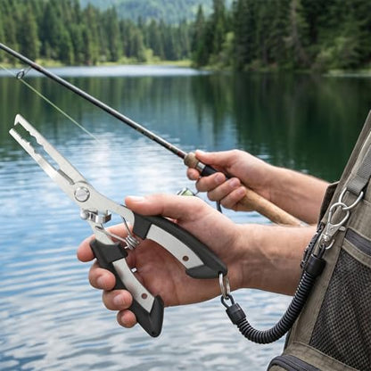 Fishing Pliers, Stainless Steel Needle Nose Plier, Saltwater Fish Nippers with Safety Lanyard, Fishing Hooks Remover Tool, Rustproof Line Cutter Fish Tool for Saltwater Freshwater