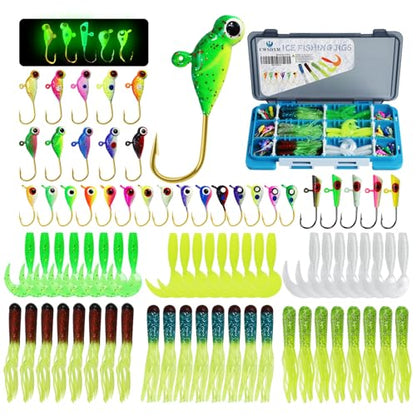 78-Piece Ice Fishing Jigs Kit with Glow-in-The-Dark Lures, Soft Baits, and Tackle Box for Panfish, Crappie, and Perch | Ice Fishing Gear Essentials