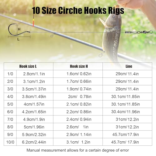 Circle Hooks Rigs, 15pcs Fishing Leader Rigs with Steel Leader Wire and Circle Hooks 1/0 2/0 3/0 4/0 5/0 6/0 7/0 8/0 9/0 10/0 for Bass, Catfish Fishing - size: 2/0