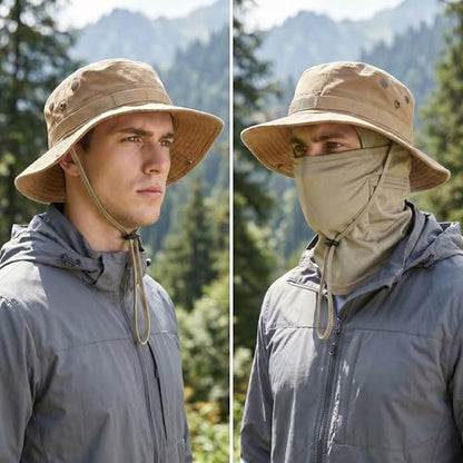 Pistha Sun Hats for Men with Balaclava Face Mask, UV Protection Bucket Hats for Mens Outdoor Fishing Safari Hiking - color: Khaki