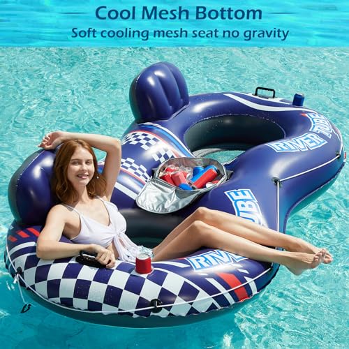 Jasonwell Inflatable River Tube Float - 2 Person Heavy Duty River Float Pool Floats with Removable Cooler Lake Water Tubes for Floating River Raft Lounge Floatie with 2 Cup Holders for Adults (D-Blue) - style: DoubleTube-Blue