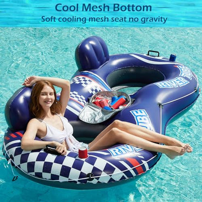 Jasonwell Inflatable River Tube Float - 2 Person Heavy Duty River Float Pool Floats with Removable Cooler Lake Water Tubes for Floating River Raft Lounge Floatie with 2 Cup Holders for Adults (D-Blue) - style: DoubleTube-Blue