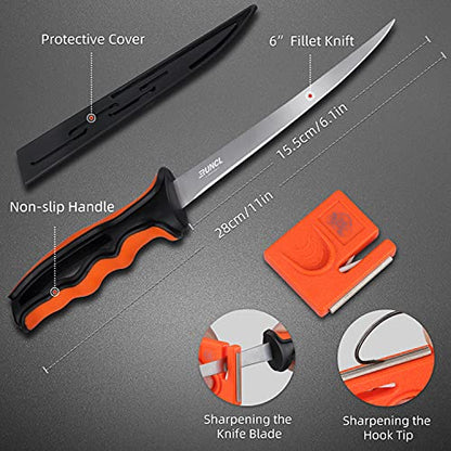 RUNCL Fishing Fillet Knife Combo Set, Fishing Tools Kit With 6" Fillet Knife, Scissors, Sharpener, Fishing Pliers and 3600 Tackle Box