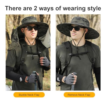 HUAMULAN Men Summer Sun Hat Women Safari Wide Brim Fishing Hats UV Protection Neck Flap Bucket Gardening Hiking Hunting Cap - color: Hyp016-junlv-smo