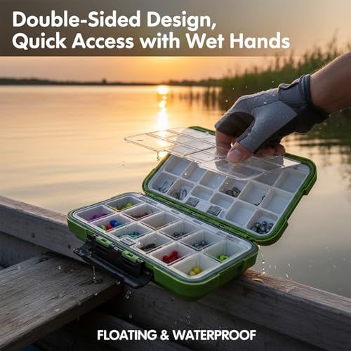 Small Tackle Box Organizer 3 Pack, Waterproof Double-Sided Fishing Lure Box | Mini Portable Floating Fishing Storage Container with Removable Dividers, Terminal Plastic Tackle Box (Green, Orange, Gray)