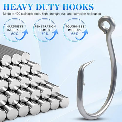 OROOTL Tuna Circle Hooks, 12pcs Stainless Steel Fishing Hooks Catfish Hooks for Saltwater Freshwater 2X Strong Inline Circle Hook for Tuna Carp Catfish Bass and More Size 8/0-18/0 - size: 8/0-12pcs