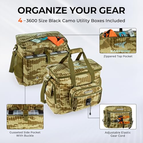 KastKing BaitSpace Fishing Tackle Bag With 4 Tackle Boxes & Removable Bait Binder, Water-Resistant Tackle Storage, Durable Fishing Gear, Adjustable Shoulder Strap - color: E: Khaki Camo, size: Large - 4*3600 Trays