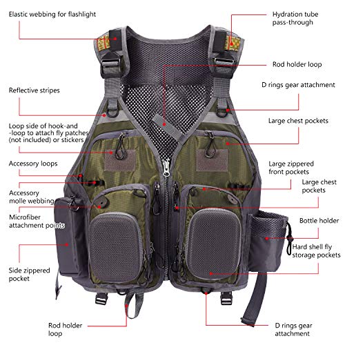 BASSDASH Strap Fishing Vest Adjustable for Men and Women, for Fly Bass Fishing and Outdoor Activities - color: Army Green With Hard Shell Flies Pockets