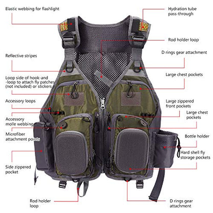 BASSDASH Strap Fishing Vest Adjustable for Men and Women, for Fly Bass Fishing and Outdoor Activities - color: Army Green With Hard Shell Flies Pockets