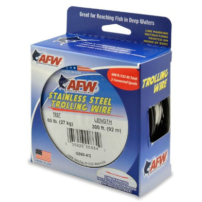 American Fishing Wire Stainless Steel Trolling Wire (Single Strand) - size: 2 -300 Foot Connected Spools, 60 Pound Test