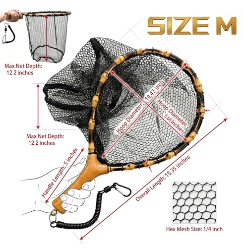 Floating Handcrafted Bamboo Fly Fishing Landing Net, Solid Wood Handle, Soft Rubber Coated Mesh for Trout, Kayak & Stream Fishing, Includes Magnetic Release & Safety Lanyard - size: Middle, style: Straight Handlebar