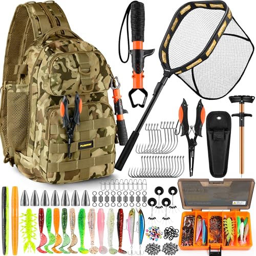 PLUSINNO Fishing Gear,Fsihing Backpack with Floating Fishing Net,Tackle Boxes,Waterproof Fishing Tackle Bag,Fishing Gifts for Men - color: Khaki Camo Backpack With Fishing Net