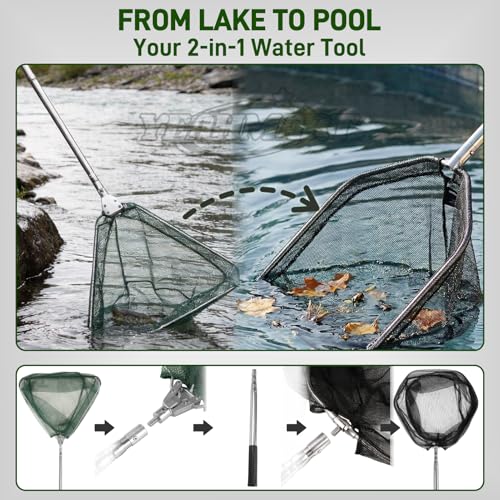 Yeahmart Telescoping Fishing Net, 61" Foldable Landing Net with 2 Interchangeable Heads & Rescue Hook, 4-in-1 Long Handle Fish Net for Kayak, Boat, Bass, Freshwater & Saltwater Fishing Gear