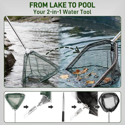 Yeahmart Telescoping Fishing Net, 61" Foldable Landing Net with 2 Interchangeable Heads & Rescue Hook, 4-in-1 Long Handle Fish Net for Kayak, Boat, Bass, Freshwater & Saltwater Fishing Gear